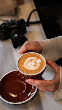 Cozy coffee shop scene with latte art in İstanbul, inviting ambiance.