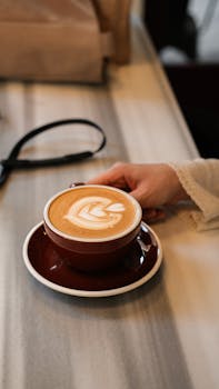 A hand reaches for a latte with art in a cozy cafe. Warm atmosphere captured in detail.