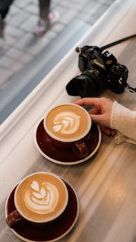 Two cappuccinos with latte art and a camera on a cafe table.