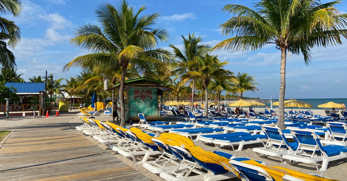 Serene tropical beach scene with palm trees, sun loungers, and a clear blue sky in Belize.