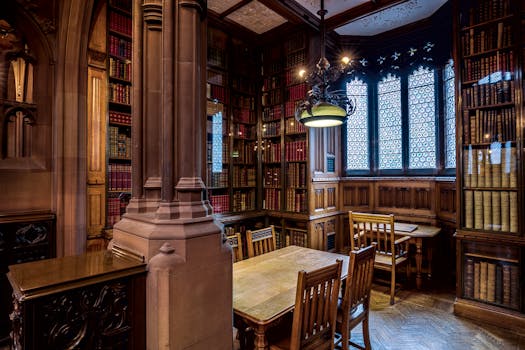 A beautifully ornate library room with wooden bookshelves and antique decor.