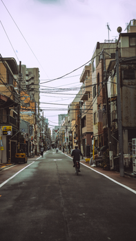 Serene Tokyo street scene with a cyclist riding away under a cloudy sky.