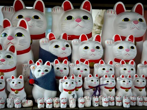 Free Collection of Maneki Neko figurines symbolizing good fortune in Japanese culture. Stock Photo