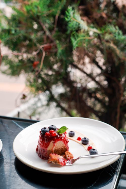 Free A delicious dessert topped with fresh berries served on a marble table near greenery. Stock Photo