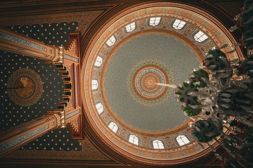 Free Stunning interior view of a historic mosque dome in Istanbul showing intricate architectural details. Stock Photo