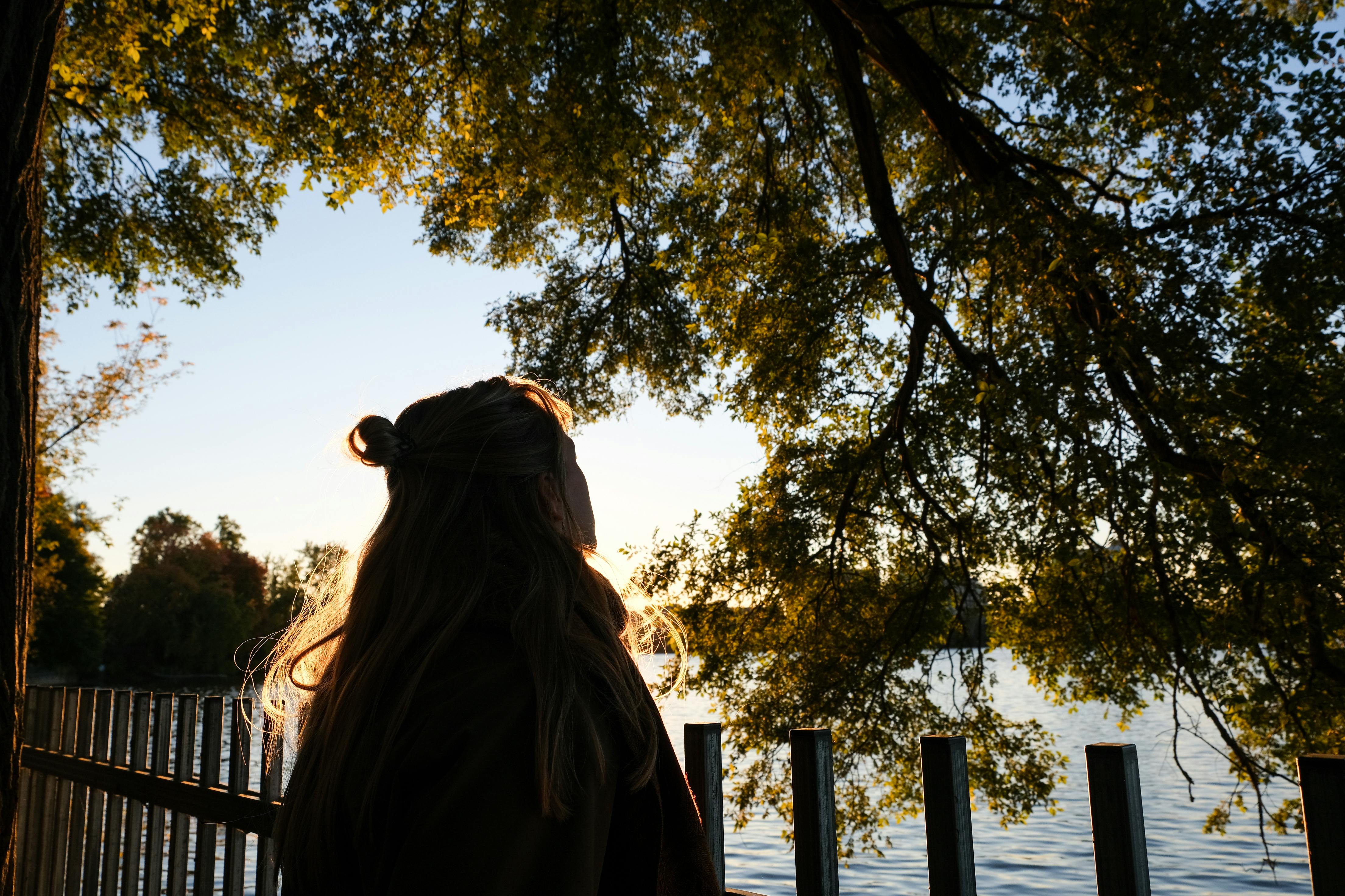 A woman gazes through trees at a serene lake during sunset, creating a tranquil scene.