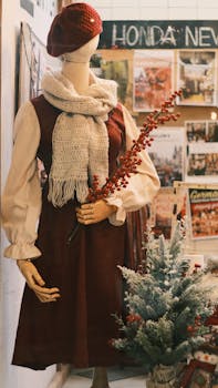 Charming vintage-style mannequin in winter attire with festive decor, perfect for holiday inspiration.