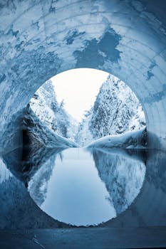 Breathtaking winter view of snow-covered mountains through a tunnel in Niigata, Japan.