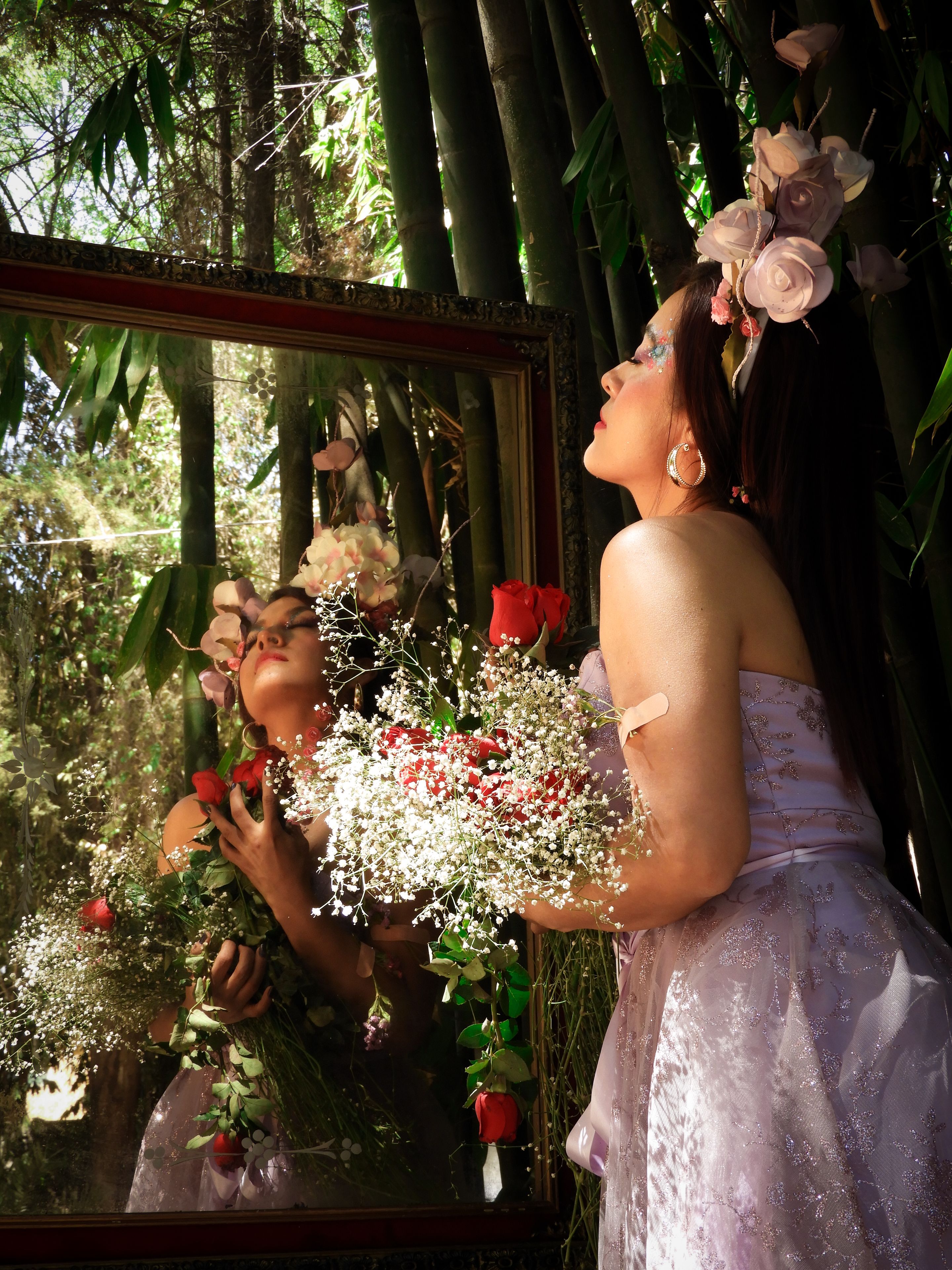 Woman with Floral Headpiece and Mirror Reflection · Free Stock Photo