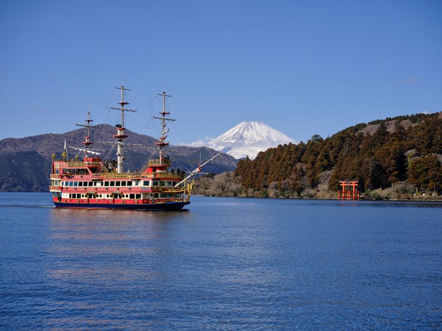 View from Hakone Ropeway overlooking Lake Ashi and surrounding mountains in Japan