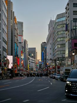 A busy urban street scene in Tokyo with skyscrapers and vibrant lights at twilight.