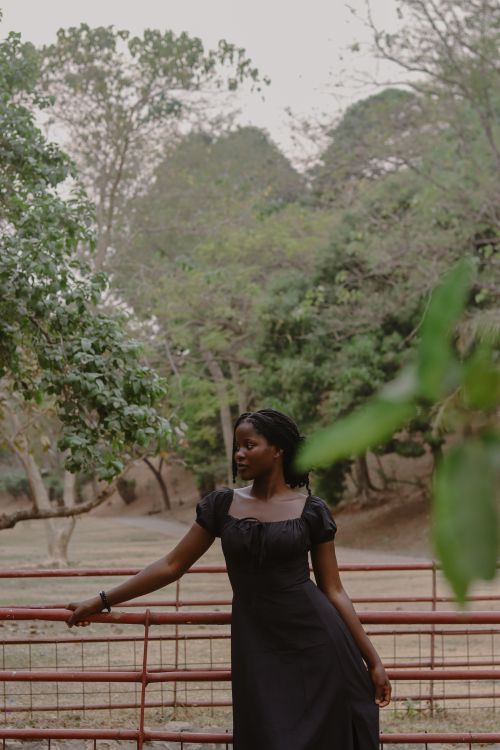 Free A young woman in black dress poses gracefully against a red fence in a serene outdoor setting. Stock Photo