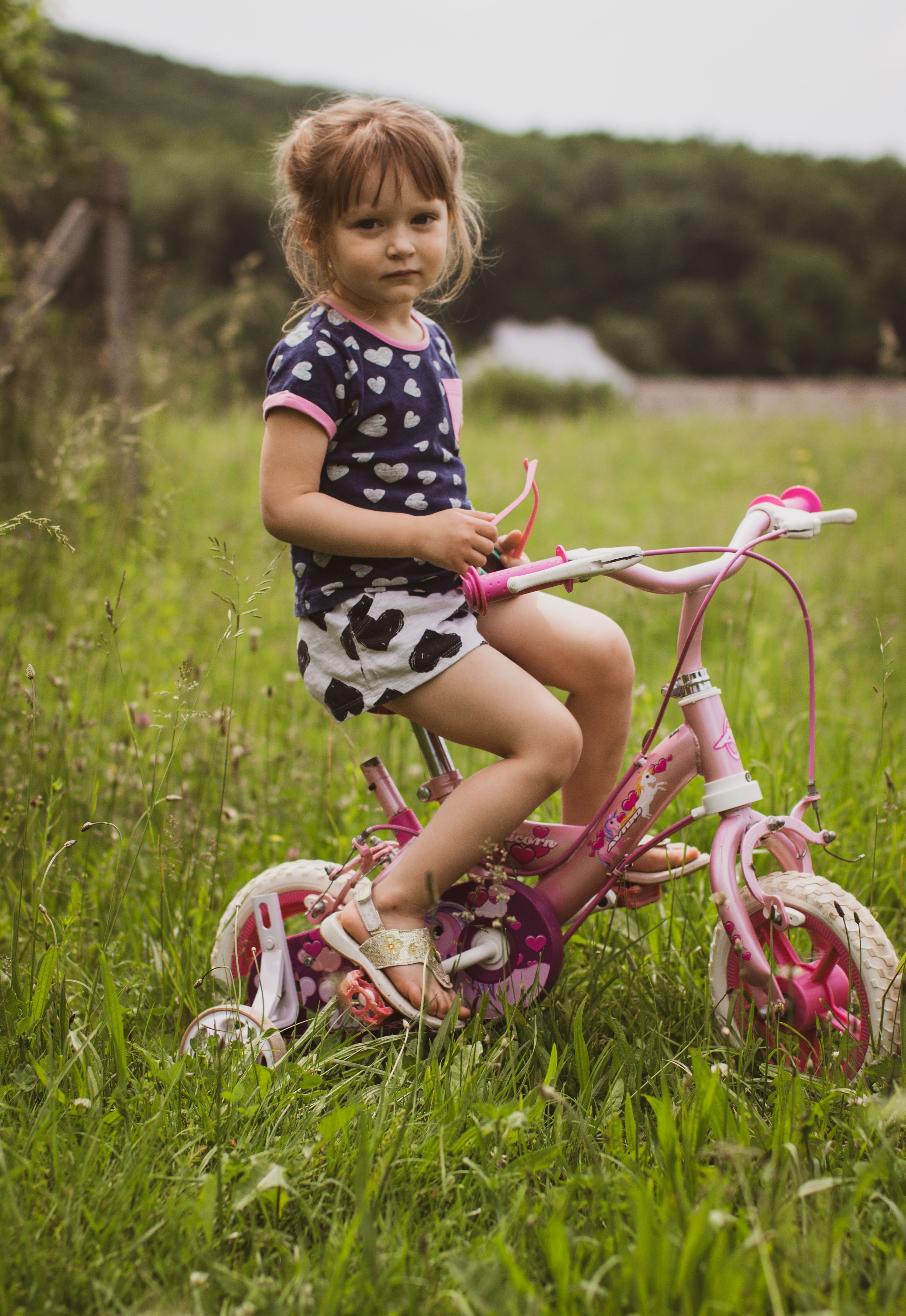 Child Riding Pink Bicycle in Green Field · Free Stock Photo