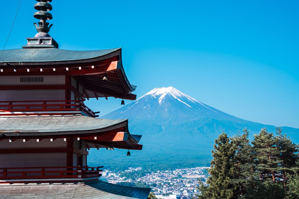 Scenic view of Chureito Pagoda with Mount Fuji in the background