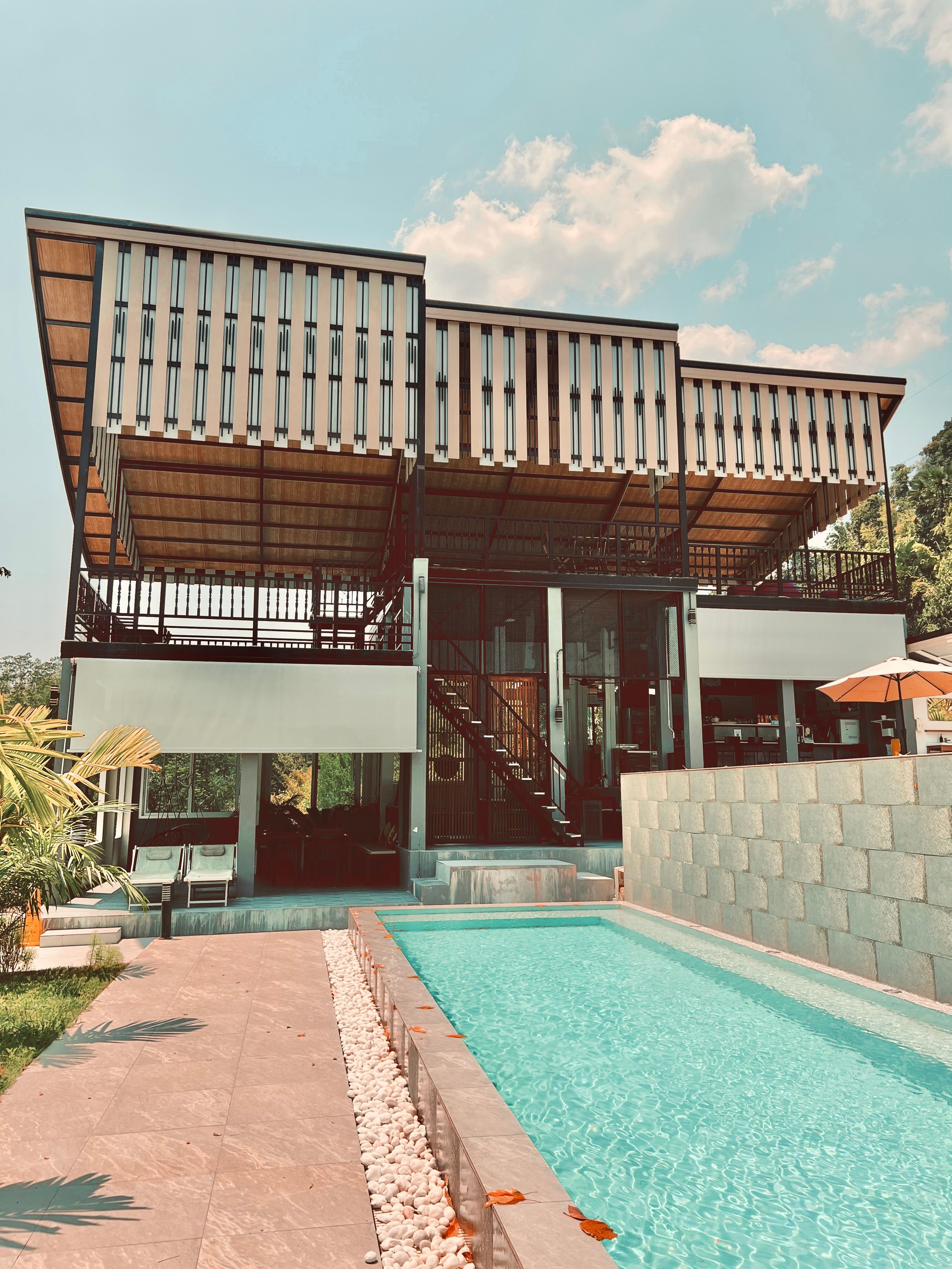 Modern tropical villa with pool and palms