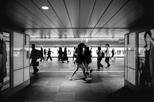 Black and white photo capturing a bustling Tokyo subway station with silhouetted people walking.