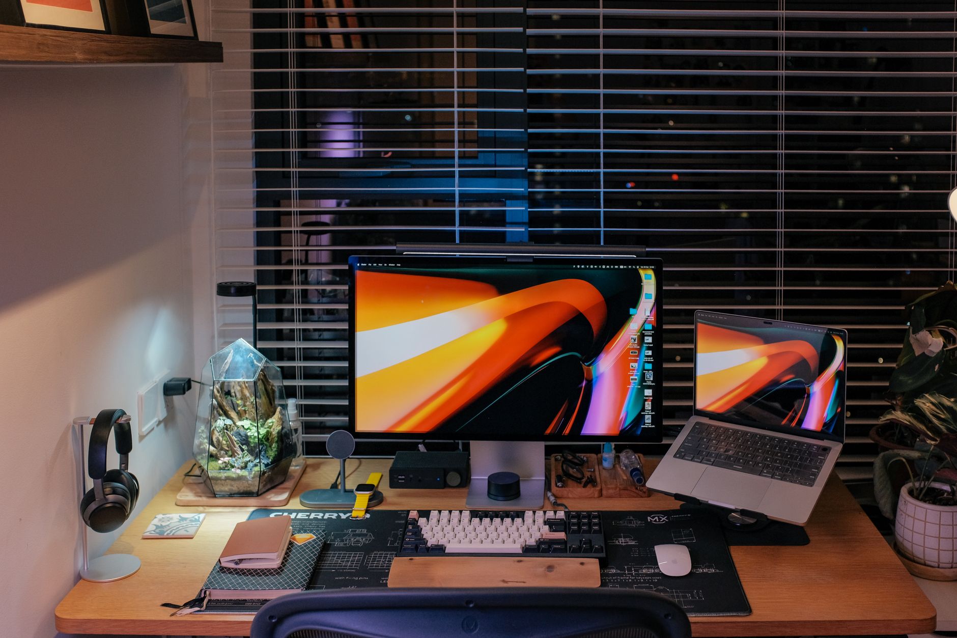 brown noise ADHD brown noise white noise — cozy desk setup headphones and laptop soft warm lighting plants