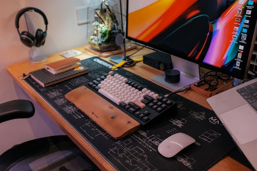 A stylish workspace featuring a modern keyboard, monitor, and essentials neatly arranged.