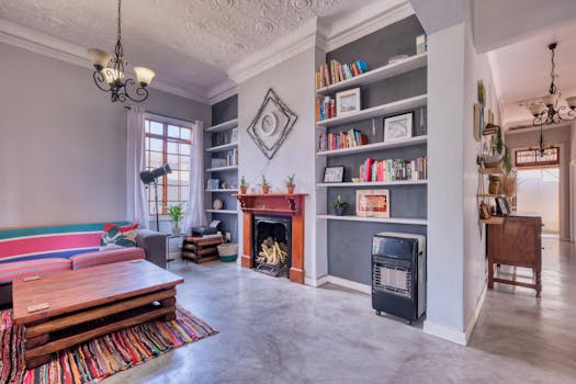Inviting living room featuring bookshelves, a fireplace, and modern decor. Cozy and stylish interior design.