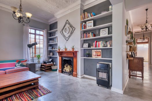 A stylish living room featuring a cozy fireplace, built-in bookshelves, and chic modern decor.
