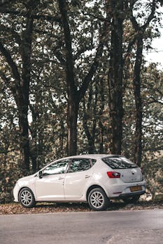 A white hatchback car parked by a scenic forest road during daytime, surrounded by trees.