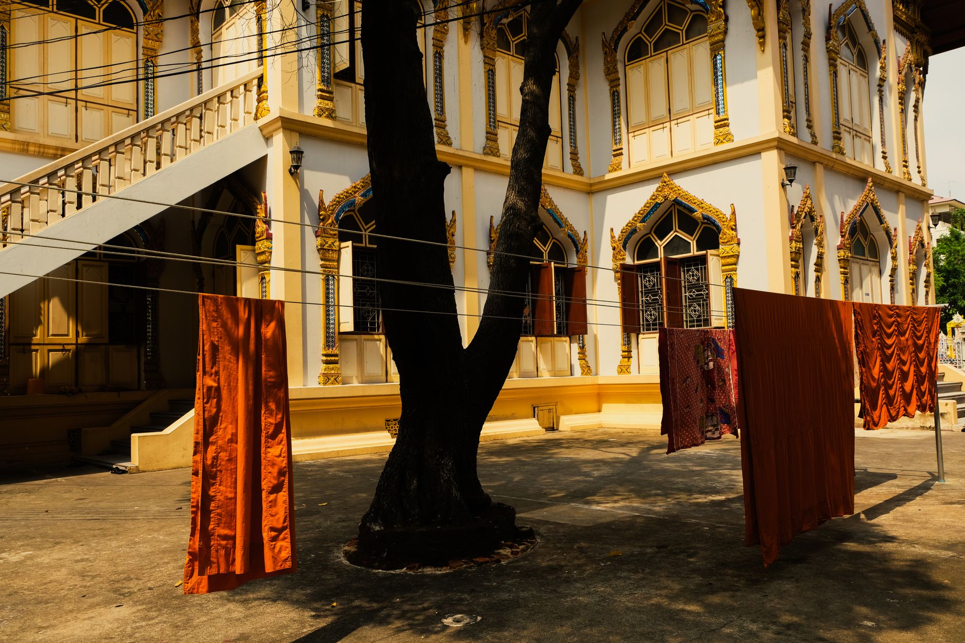 Morning alms round at a temple in a Bangkok residential neighbourhood