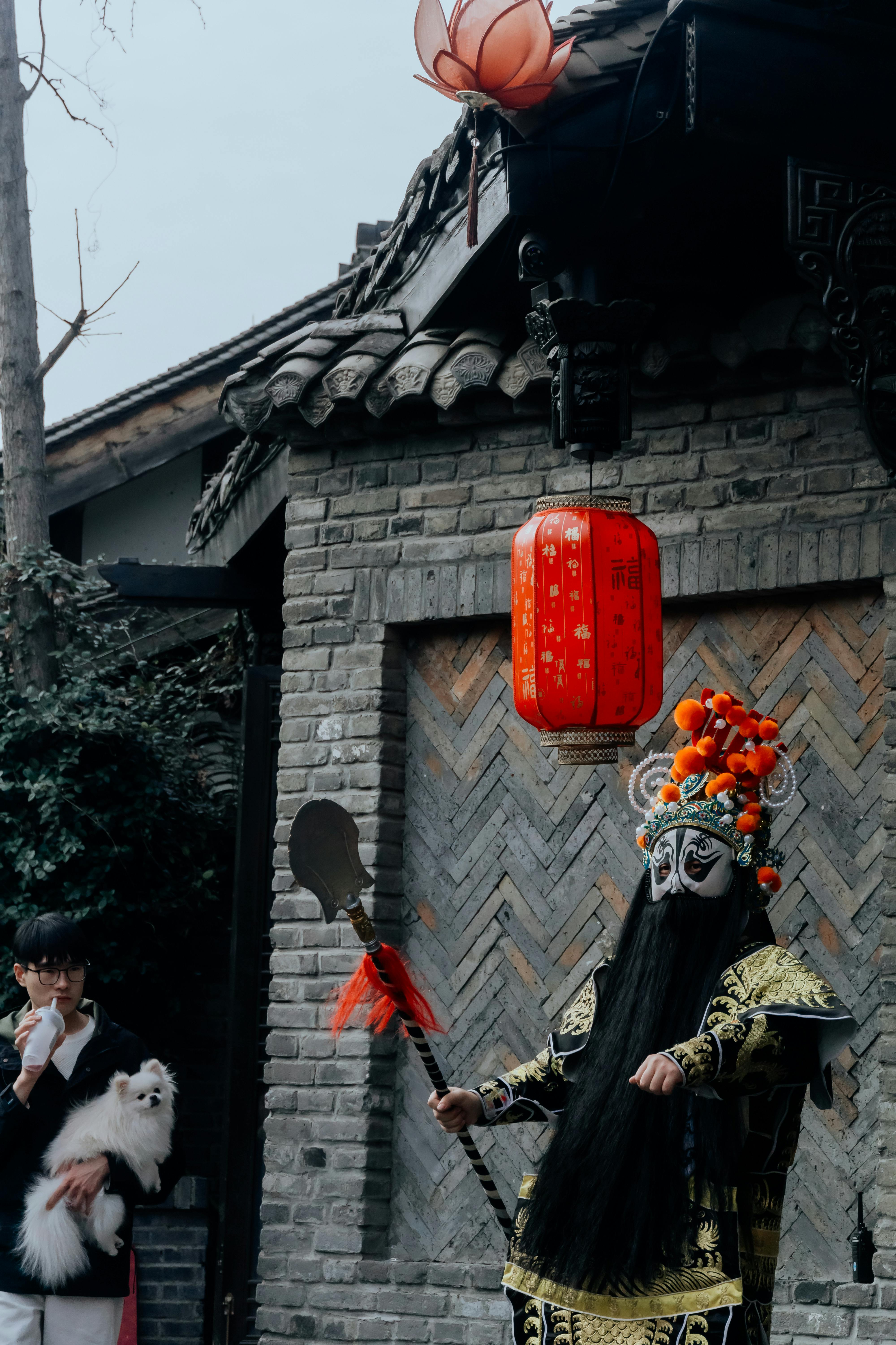 grátis Um momento vibrante capturando um artista de ópera tradicional chinesa com uma lanterna vermelha ao ar livre. Foto profissional