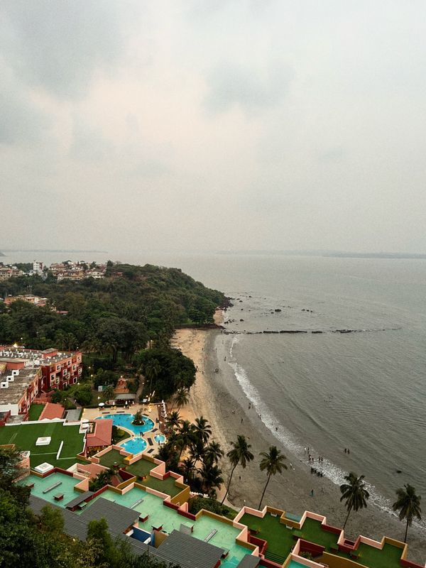 Aerial view of a Goa beachfront with resorts