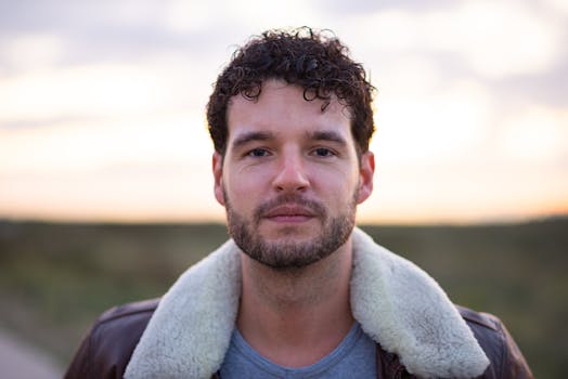 一名男子穿着皮夹克，在模糊的户外背景下拍摄的特写肖像