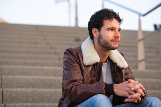 一个穿着时髦皮夹克的年轻人，若有所思地坐在城市台阶上