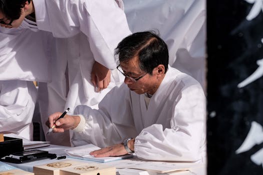 A man in traditional attire practices Japanese calligraphy during a cultural ceremony.