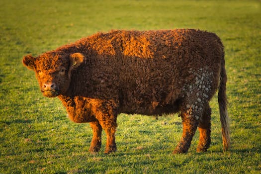 A fluffy Galloway cow basking in the warm sunlight on a peaceful meadow.