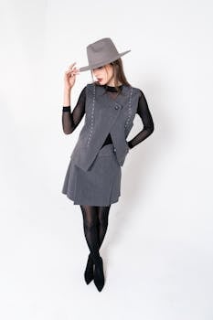 Fashionable woman in gray dress and hat posing in studio setting.