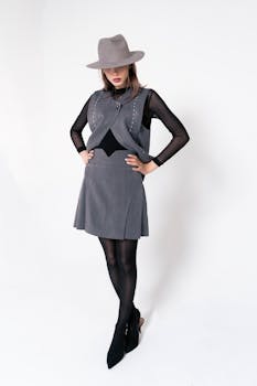 Woman posing in chic gray fashion ensemble and hat, studio shot.