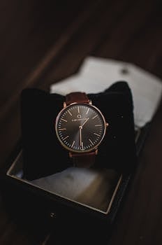Close-up of a sophisticated brown leather watch presented in a stylish gift box, perfect for fashion and luxury themes.