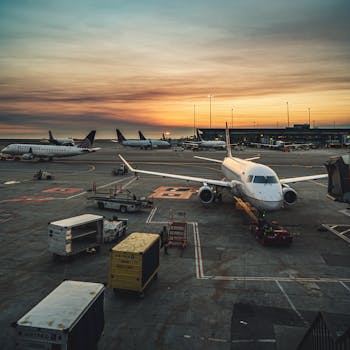 Airplanes parked at a busy airport terminal during sunset, showcasing aviation and travel.