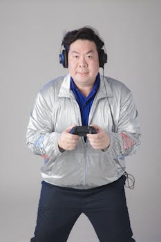Adult male intensely playing a video game indoors with headphones and controller.