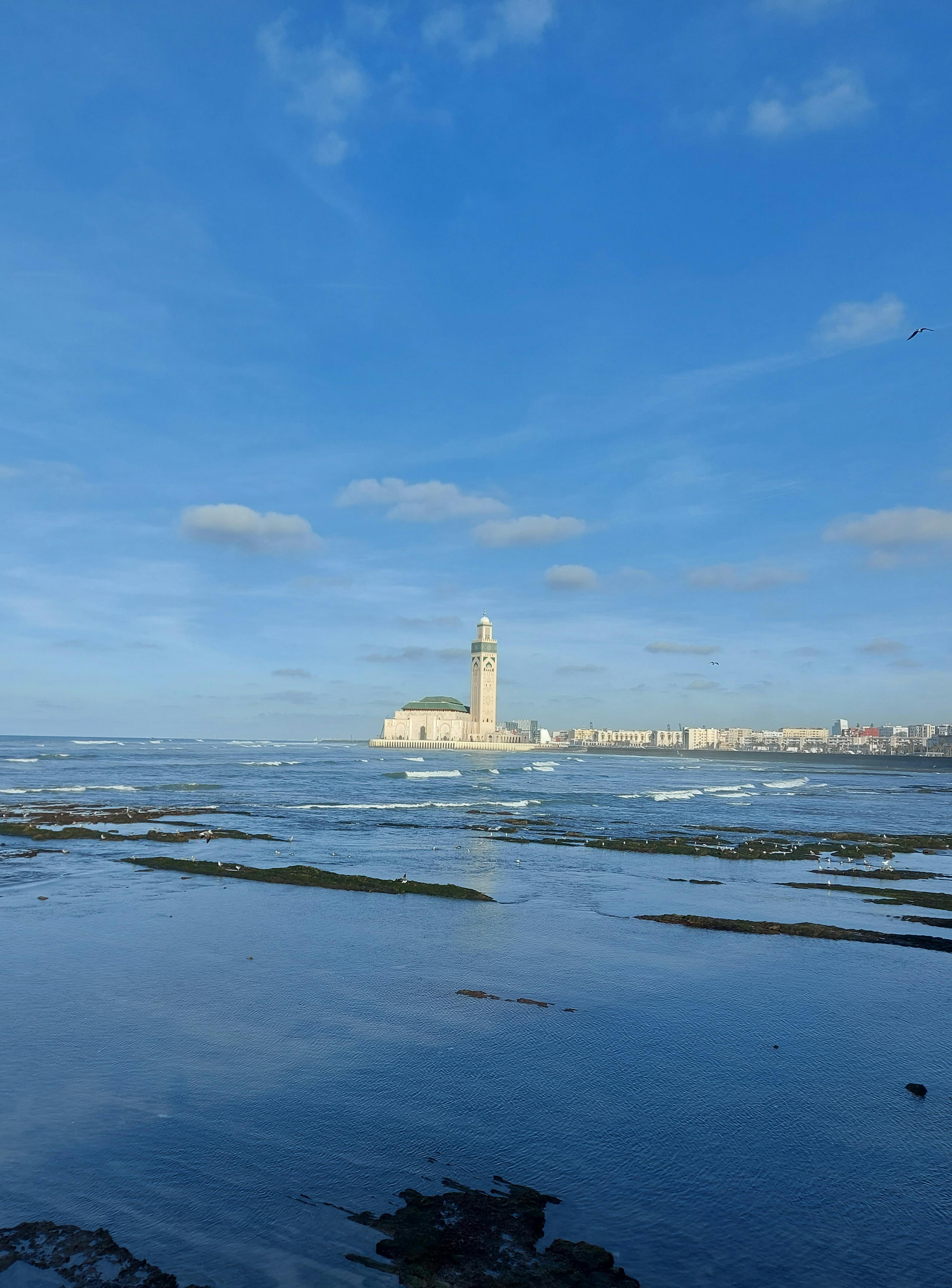 Stunning view of Hassan II Mosque by the Atlantic Ocean in Casablanca, Morocco.