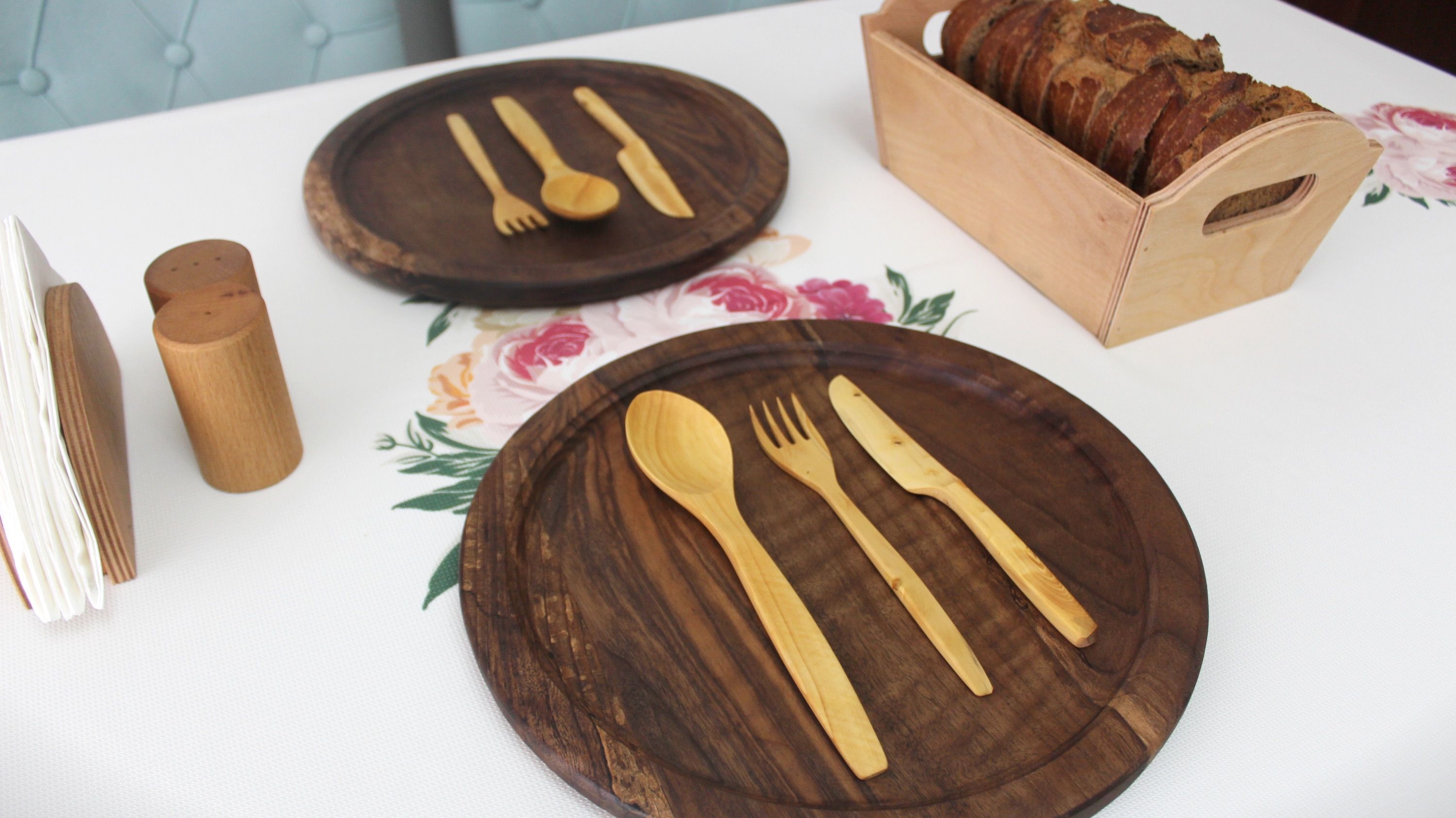 Rustic Wooden Plate Setting with Bread and Cutlery · Free Stock Photo