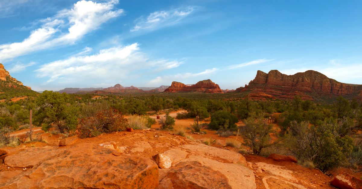 Red rock desert landscape with dramatic formations