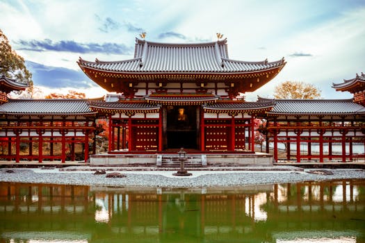 Historic Byodo-in Temple in Uji, Japan with autumn foliage reflecting in a serene pond.