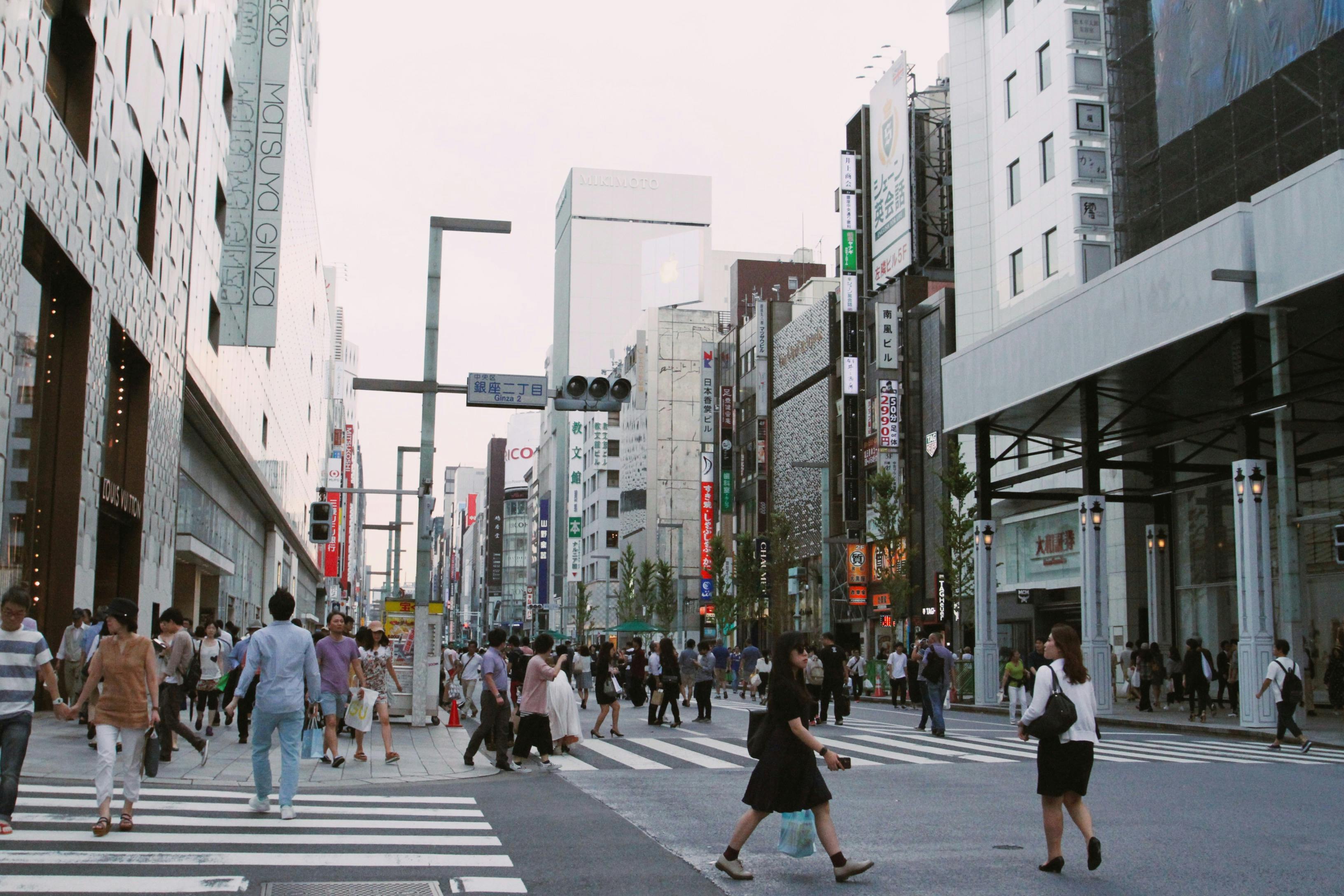 People walking across the pedestrian paradise street in Ginza on Sunday