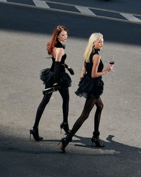 Two fashionable women in black dresses walking outdoors with wine bottles.