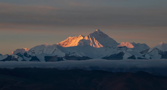 Stunning sunrise view of Mount Everest in the Himalayas with warm light on the snow-capped peaks.