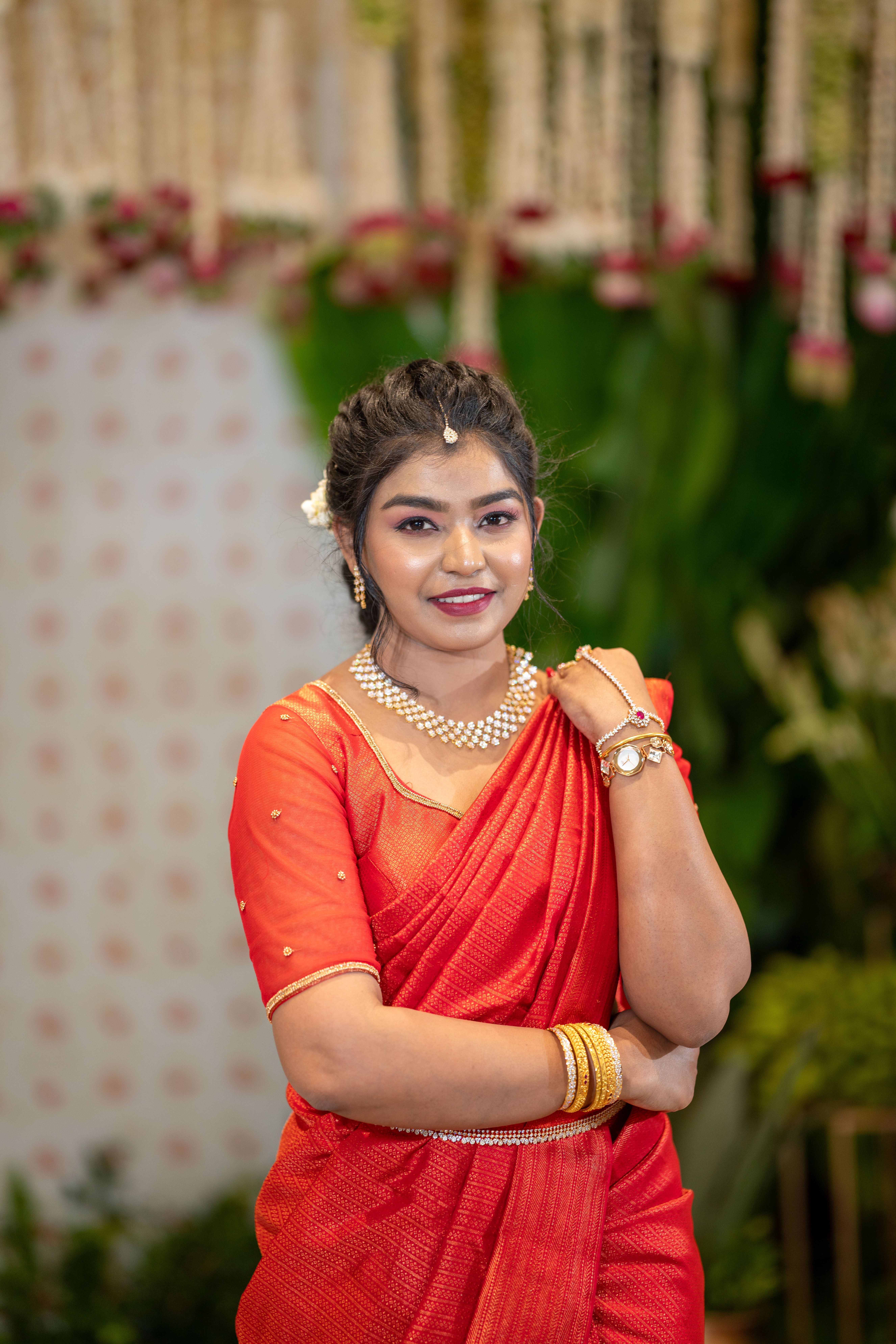 Elegant Woman in Traditional Red Saree at Celebration · Free Stock Photo