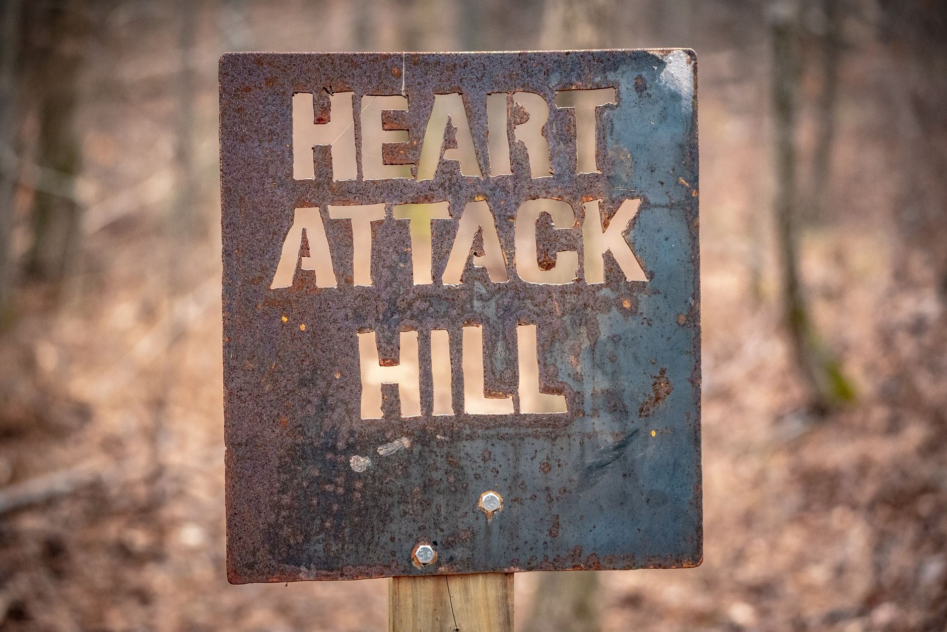 Rustic metal sign marking the challenging 'Heart Attack Hill' trail in Winder, Georgia forest.