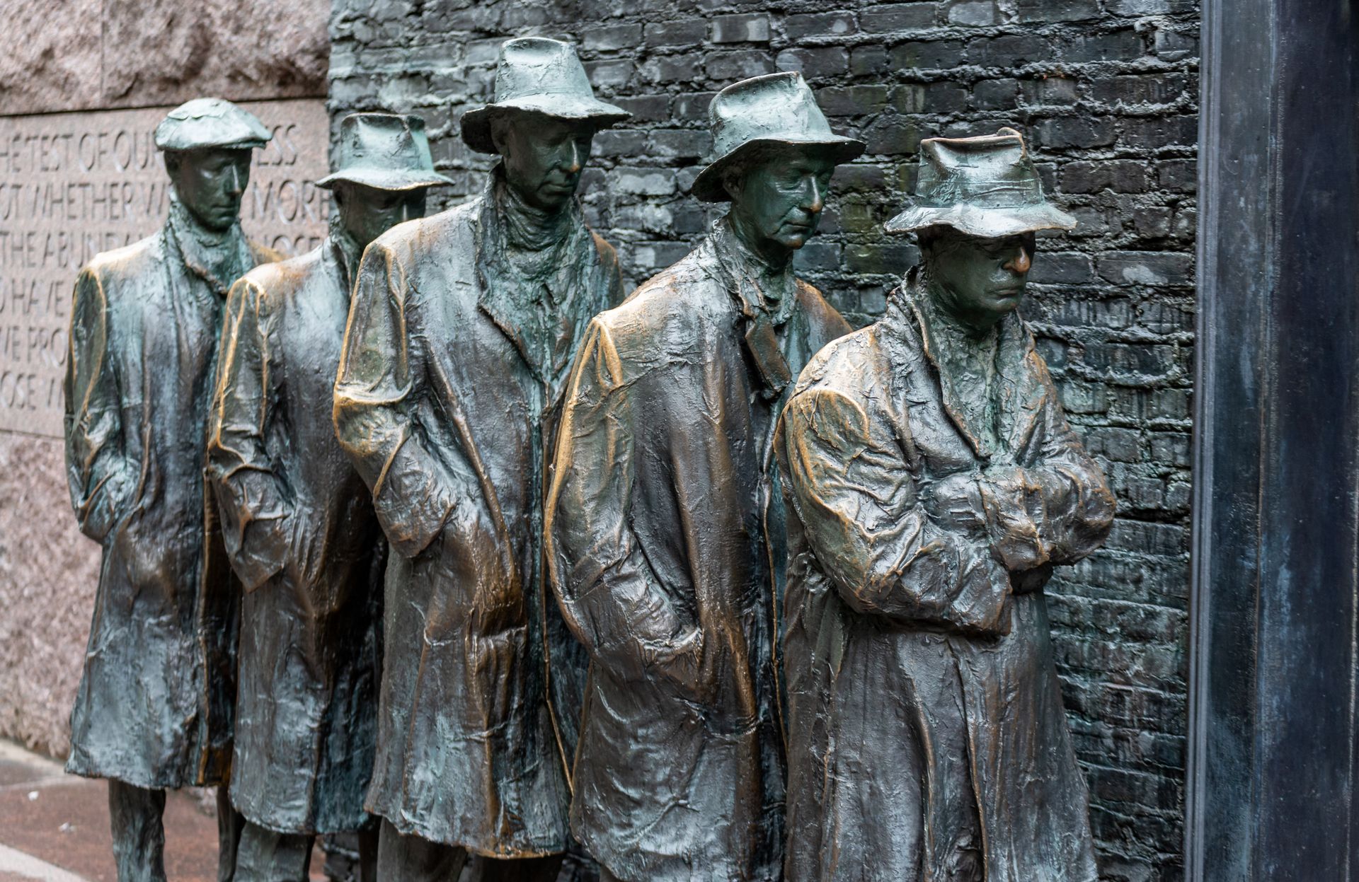 Historic breadline sculpture in Washington, DC, portraying the Great Depression era.