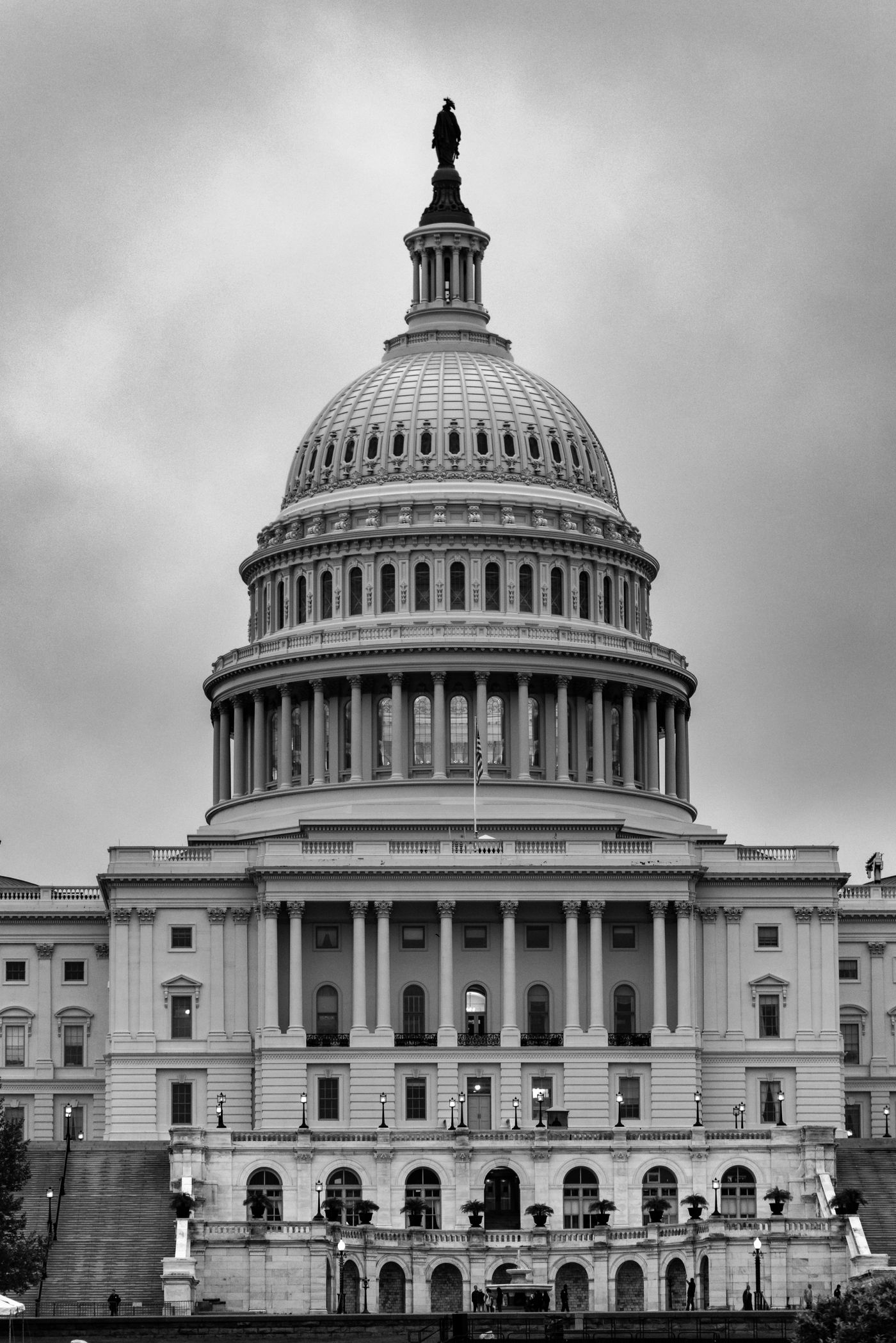 The dome of the United States Capitol rising into a flat grey overcast sky, seen straight on and stripped of colour