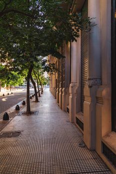 Peaceful city street in Buenos Aires with trees and architecture in the morning light.