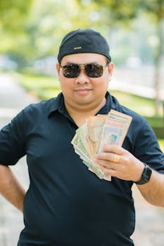 Asian man wearing sunglasses and cap holding currency notes in a park setting.